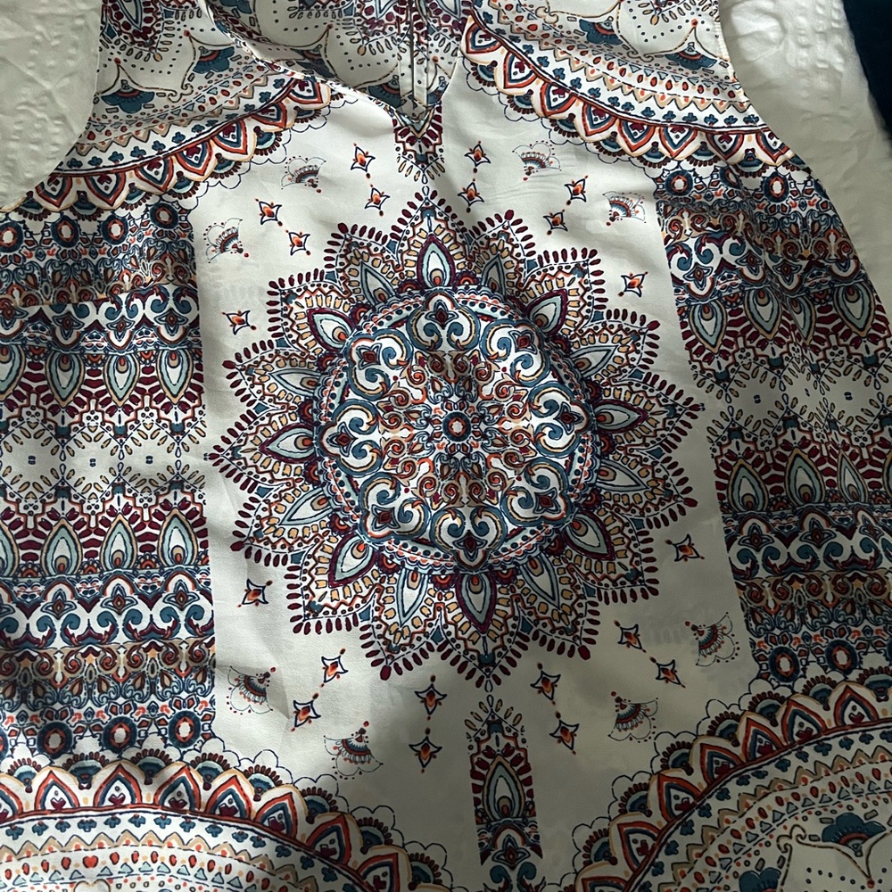 Boho Medallion Print Tank Top - Cream with Blue & Rust